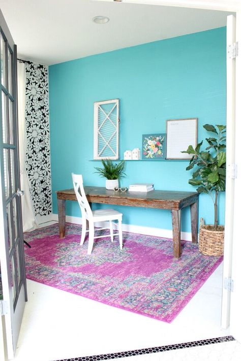 We upgraded our home office with an accent wall that pops! Turquoise Painted Walls, Turquoise Accent Wall, Turquoise Accent Walls, Wall Challenge, Turquoise Office, Turquoise Wall Decor, Aqua Walls, Blue Accent Walls, Turquoise Walls