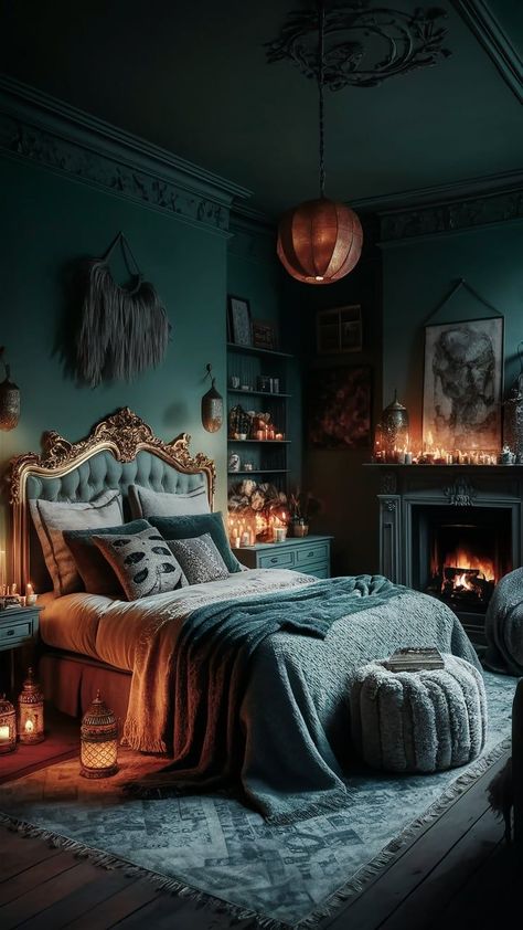 This dark sage green bedroom combines rich tones with bohemian textures for a dreamy Dark Sage Green Bedroom, Sage Green Boho Bedroom, Moody Boho Bedroom, Green Boho Bedroom, Dark Sage Green, Sage Green Bedroom, Boho Style Bedroom, Dark Sage, Green Bedroom