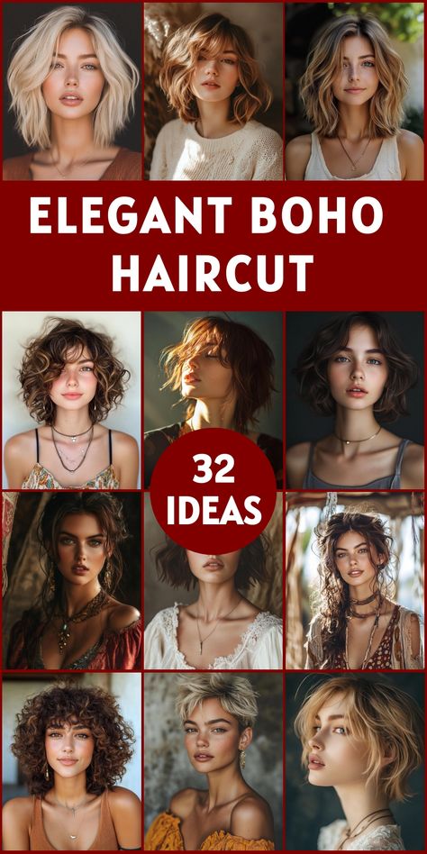 Elevate your style with 32 enchanting boho haircut ideas. These cuts embody the carefree spirit of bohemian fashion, blending effortless beauty with a touch of whimsy. From tousled pixies to long, layered locks, discover the perfect boho haircut to suit your face shape and lifestyle. Learn how to style and maintain your new look for maximum impact. Embrace your natural texture and unleash your inner free spirit with these stunning hairstyles. Boho Wavy Hairstyles, Boho Haircut Medium, Medium Length Boho Hairstyles, Bohemian Hairstyles For Medium Hair, Short Boho Hairstyles, Hippie Haircuts, Fairy Cut Hair, No Bangs Hairstyles, Boho Hairstyles For Short Hair