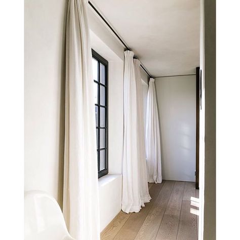 Instagram Image Floor To Ceiling Curtains, Black Window Frames, Living Room Divider, Ceiling Curtains, Living Room Decor Curtains, Black Windows, Custom Drapes, White Curtains, Window Frames