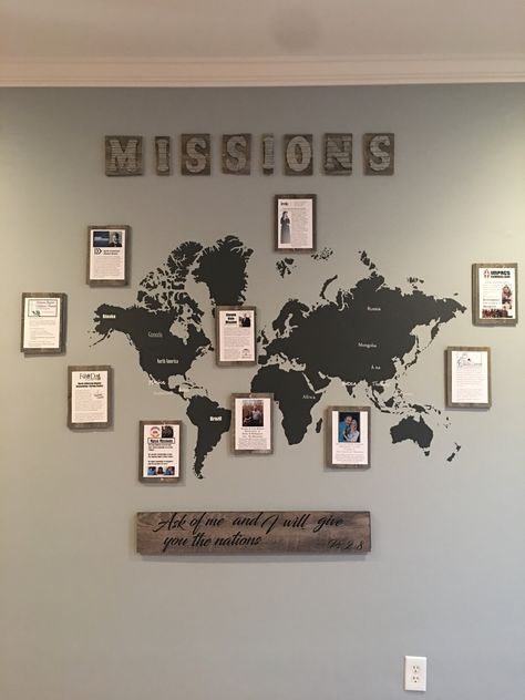 Display wall of all the missionaries we support. Journey Decorations, Pastoral Office Ideas, Display Wall Design Office, Lobby Decoration Ideas, Missions Board Display, Mission Bulletin Board Ideas, Bible Display Ideas, Missions Sunday Decor, Fellowship Hall Decor Church