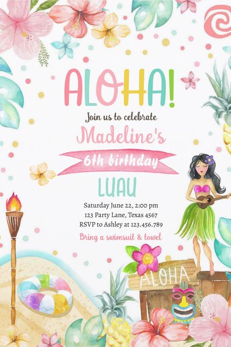 Tropical Hawaii Luau Birthday Party Invitations Aloha Birthday Invitation, Hawaii Birthday Invitations, Aloha Party Invitations, Hawaii Invitation, Hawaiian Party Invitations, Luau Birthday Party Invitations, Kids Luau, Luau Invitations, Aloha Party