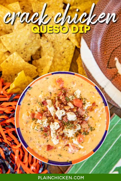 Cheesy Queso Dip, Velveeta Rotel, Chicken Queso, Bacon Cheddar Dip, Chicken Cheddar, Super Bowl Menu, Cream Cheese Sausage Balls, Football Friday, Rotel Dip