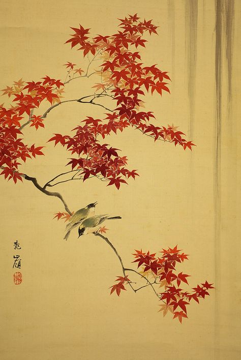 Japan Maple Tree, Japanese Maple Tree Painting, Japanese Maple Wallpaper, Japanese Maple Tree Aesthetic, Japanese Maple Drawing, Chinese Tree Art, Japanese Maple Painting, Japanese Maple Illustration, Japanese Maple Tree Drawing