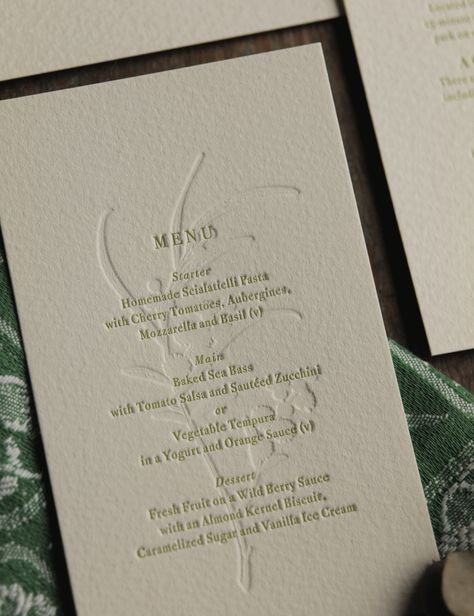 Green Letterpress Wedding Invitations, Debossed Wedding Invitations, Printed Wedding Invitations, Stationary Ideas, Wedding Graphics, Foil Printing, Bespoke Wedding Invitations, Menu Printing, Letterpress Stationery