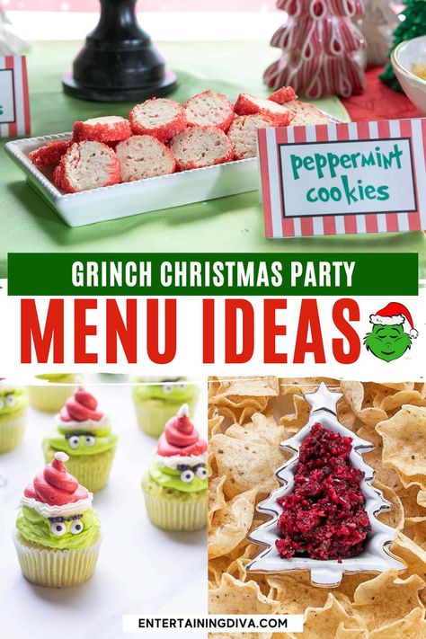 Grinch Party Menu Ideas, Grinch Christmas Meal, Grinch Inspired Party Food, Christmas Party Themed Food, Whoville Food Ideas Holiday Parties, Grinch Christmas Dinner Ideas, Grinch Party Food Easy Recipes, Grinch Dinner Food, Grinch Themed Food For Kids