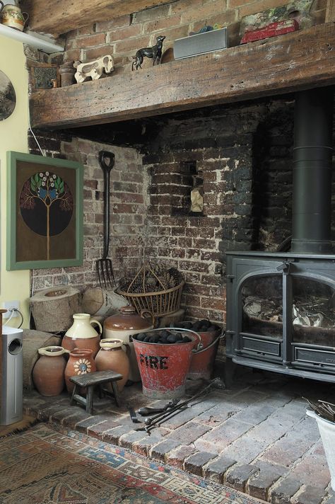 Rustic Charm – Priceless Magazines Primitive Fireplace, Wood Stove Ideas, Stove Hearth, Wood Stove Hearth, Mining Truck, Stove Ideas, Woodburning Stove, Coal Stove, Wood Stove Fireplace