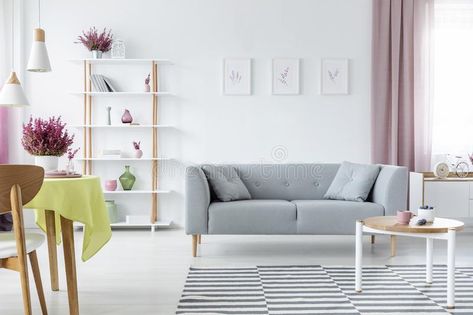 Interior design with comfortable scandinavian couch, wooden coffee table, stripe #Sponsored , #Sponsored, #SPONSORED, #comfortable, #Interior, #table, #scandinavian Scandinavian Couch, Green And White Bedroom, Grey Couch, Vibrant Living Room, Room Green, White Couches, White Living, Living Room Green, White Living Room