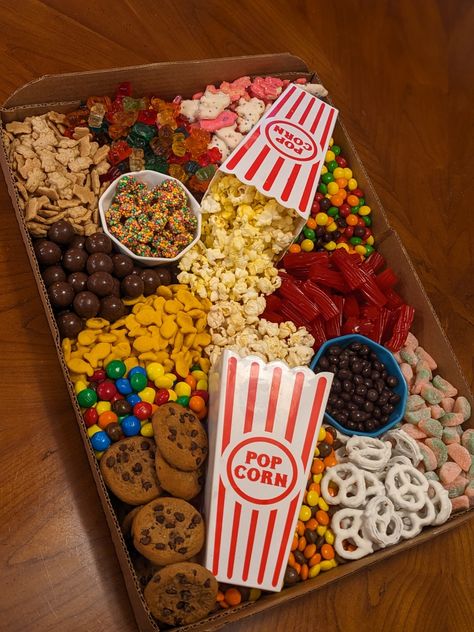 Movie Night Charcuterie – Bakerlady Cute Movie Night Snacks, Movie Night Dinner Adult, Popcorn Bar Movie Night, Movie Night Ideas Couples Snacks, Snack Charcuterie Board Ideas For Kids, Movie Party Food Ideas, Kids Snack Tray Ideas, Movie Night Platter, Inside Out Movie Night Ideas