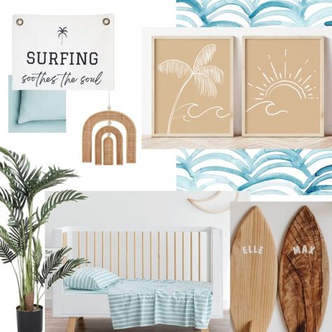 Surf Board Name Sign Nursery, Surf Style Bathroom, Neutral Surf Nursery, Kids Beach House Bedroom, Surf Theme Bathroom, Best Neutral Nursery Paint Colors, Surfing Room Ideas Bedrooms, Boho Beach Nursery Boy, Surfer Themed Bedroom