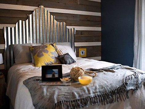 Love this Headboard and the accent wall behind it !!!  5 Things to Do with… Corrugated Metal Tin Headboard, Ikea Mandal, Cool Headboards, Creative Headboard, Headboard Projects, Diy Clouds, Metal Headboard, Diy Headboards, Diy Headboard