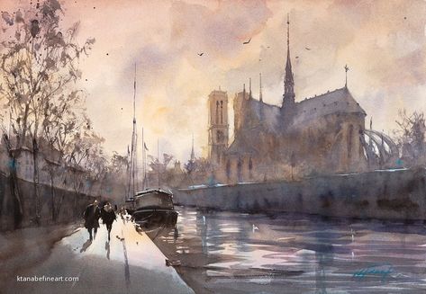 Paris Winter Sunset by Keiko Tanabe Watercolor ~ 13 x 19 inches (33 x 48 cm) Paris Notre Dame, Watercolor Paintings For Sale, Paris Sunset, Sunset Watercolor, Paris Winter, Painting Competition, Watercolor Sunset, Watercolor Lessons, Watercolour Inspiration