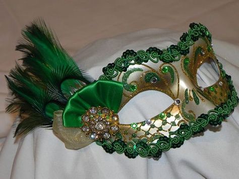 Emerald Green and Gold Venetian Feather Mask #masquerade -  #mask ball Green Masquerade Mask, Masquarade Mask, Masquerade Ball Masks, Gold Masquerade Mask, Mask Scary, Emerald Green And Gold, Venetian Masquerade Masks, Ball Mask, Feather Mask