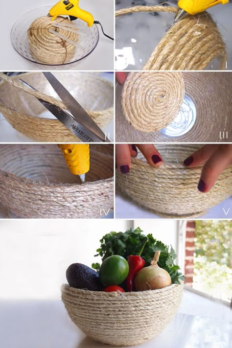 love this super easy DIY for a cute fruit bowl! Make A Basket, Diy Bowl, Do It Yourself Crafts, Rope Crafts, Décor Diy, Crafty Craft, Diy Projects To Try, Pom Poms, Diy Art