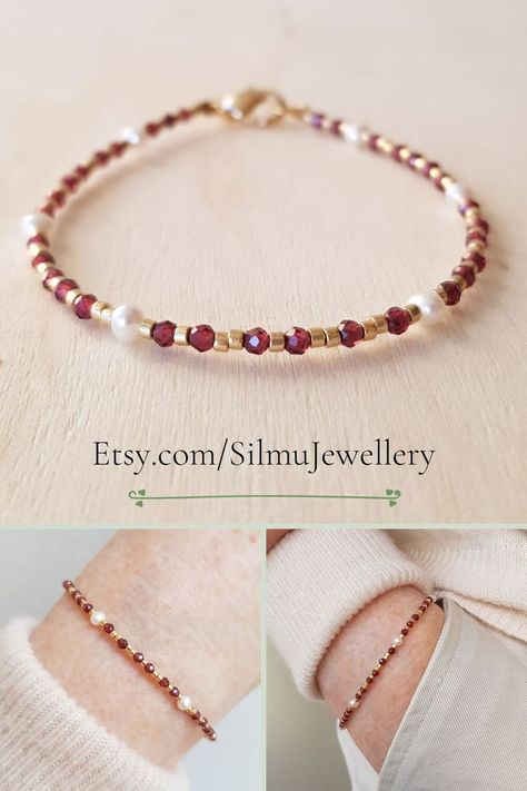 Handmade dainty stacking bracelet features a mix of the tiniest red garnet gemstones in red wine tones, tiny freshwater pearls and gold seed beads to make a delicate, modern cool bracelet Mixed Gemstone Bracelet, Red Crystal Bracelet, Tiny Bead Bracelet, Red Beaded Bracelet, January Birthday, Trending Bracelets, Bead Charms Diy, Jewellery Sketches, Beads Bracelet Design