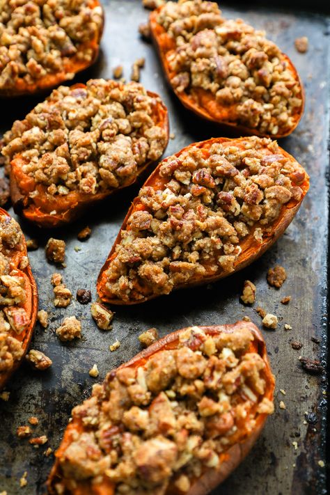 Twice Baked Sweet Potatoes with Pecan Streusel Sweet Potatoes With Brown Sugar, Paleo Sweet Potato Casserole, Sweet Potato Tots, Sweet Potato Pecan, Cinnamon Filling, Twice Baked Sweet Potatoes, Baked Sweet Potatoes, Sugared Pecans, Stuffed Sweet Potato Healthy