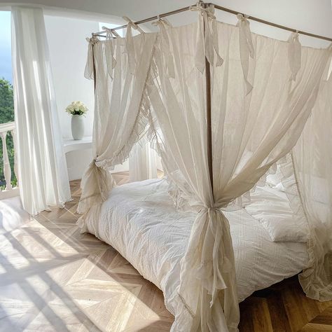 Honey Bedroom, Ethereal Room, Tapestry Headboard, Curtain Bed, Home Bedroom Design, French Style Bed, Canopy Bed Curtains, White Bedspreads, Canopy Curtains