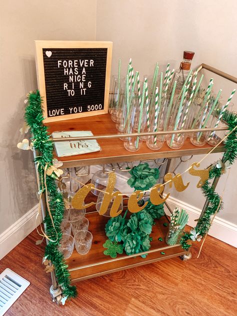 Cheers - forever has a nice ring to it - Irish wedding bar cart - Destination Wedding Ireland - Bar Cart Engagement Party Bar Cart, Engagement Party Bar, Party Bar Cart, Wedding Bar Cart, Destination Wedding Ireland, Wedding Ireland, Party Bar, Engagement Inspo, Party Bars