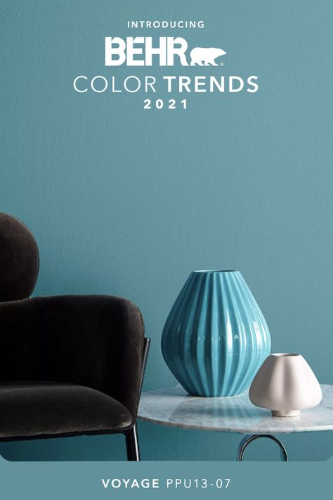 Enter a staycation state of mind with this tranquil and soothing aqua. Explore Voyage and the rest of our 2021 Color Trends Palette, inspired by the pursuit of elevated comfort at home. Behr Voyage, Behr Color Trends, Behr Colors, Color Of The Month, Behr Paint, Colour Trends, Interior Paint Colors, Paint Colors For Home, Color Of The Year