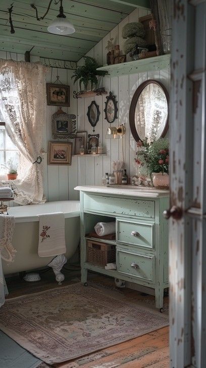 Bathroom Decor Old Bathroom, Wardrobe In Bathroom Ideas, Vintage House Bathroom, Cottage Shower Ideas, Bathroom With Character, Victorian Farmhouse Bathroom, Grandma Bathroom, Floral Bathroom Ideas, Clawfoot Tub Ideas