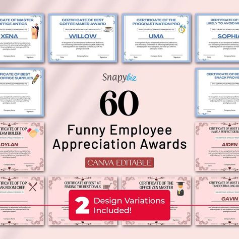 Funny Employee Appreciation Awards Ideal for DIY workplace fun or special occasions like the annual employee recognition celebration. 😊 Features: 🎉 Fun, lighthearted designs 📥 Instant download for easy access 📚 Editable for personalized touches 🎨 Perfect for any office setting #funnyemployeetemplate #appreciationawards #instagramtemplates #CanvaEditable Funny Office Awards, Funny Employee Awards, Employee Appreciation Awards, Office Awards, Staff Appreciation Week, Employee Awards, Funny Office, Employee Recognition, Office Setting