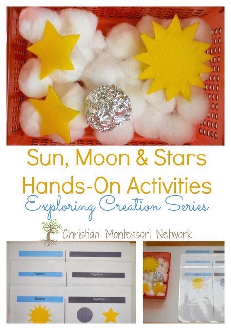 Sun, Moon, and Stars Hands-on Activities, part of the exploring Creation through Hands-On Learning for kids series. Sun Activity, Creation Activities, Moon Activities, Moon Crafts, Sun Moon And Stars, Bible Crafts For Kids, Activities For Children, Kindergarten Science, Creation Crafts