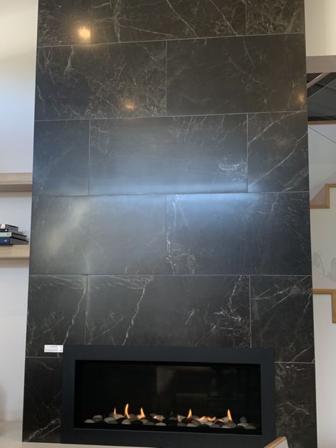 Black And Marble Fireplace, Modern Black Linear Fireplace, Dark Fireplaces, Chimney Ideas, Tiled Fireplace Wall, Black Tile Fireplace, Tile Around Fireplace, Electric Fireplace Living Room, Ohio House