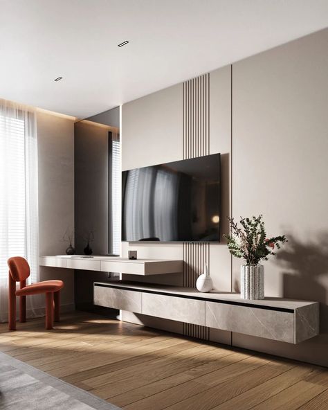 Studio Nacrt on Instagram: “Studio Nacrt design bedroom 💫” Bedroom Tv Units Modern, Tv Unit Master Room, Tv And Make Up Table Bedroom, Dressing With Tv Unit Design, Bedroom Tv Wall Ideas Modern, Tv Unit Design Bedroom, Tv Unit In Bedroom, Tv Wall Design Bedroom, Tv Unit Design Modern Bedroom