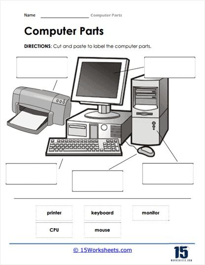 Cut and Paste Worksheet - 15 Worksheets.com Parts Of Computer, Computer Worksheet, Codes Bloxburg, Teaching Computers, About Computer, Cut And Paste Worksheets, Decal Codes, Hardware Components, Computer Parts