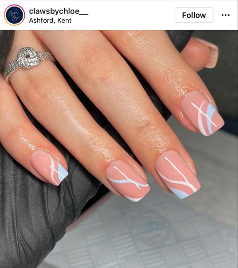 Pink Based French Nails, Pink Blue French Nails, Pink And Blue French Tip Nails Short, Blue French Tip Nails Pink Base, Light Pink And Dark Pink French Tip Nails, Nails Light Blue, Stickers Butterflies, Decal Nail Art, Butterfly Decals