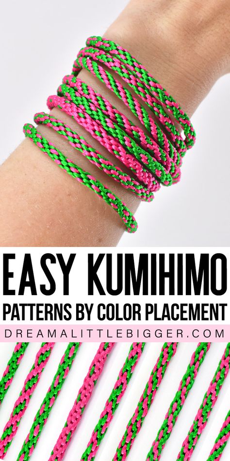 All you need are 8 cords in 2 colors to make these 9 fabulous Kumihimo patterns. Use this as a quick reference for 9 go-to Kumihimo cords! Kumihimo Braiding Patterns, Kuhimino Pattern Ideas, Kumihimo Patterns 8 Strand 3 Colors, Kumihimo Patterns Tutorial, Kumihimo Patterns With Beads, Hat Braids, Kumihimo Diy, Kumihimo Tutorial, Kumihimo Cord