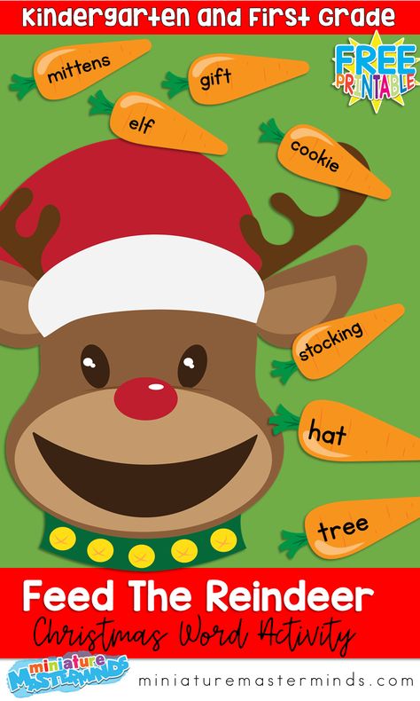 Feed The Reindeer Reading Printable Christmas Word Activity Feed The Reindeer, Feed The Reindeer Game, Reindeer Sensory Activities, Reindeer Gross Motor Activities, Reindeer Classroom Activities, Reindeer Literacy Activities, Reindeer Writing, Elf Cookies, Literacy Centers Kindergarten