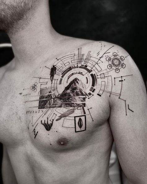 X7 (@xsonseven) • Instagram photos and videos Masculine Tattoo Ideas, Conceptual Tattoo, Dark Mark Tattoos, Masculine Tattoos, Cool Shoulder Tattoos, Abstract Tattoo Designs, Sacred Geometry Tattoo, Mens Shoulder Tattoo, Geometry Tattoo