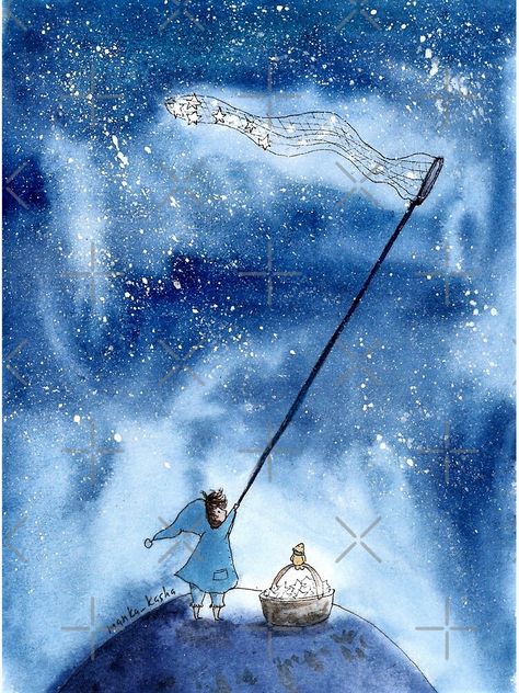 "Star-Catching net" Photographic Print by MankaKasha | Redbubble Manka Kasha, Galaxy Illustration, Watercolor Stars, Digital Art Programs, Drawing Blue, Ink Watercolor, Galaxy Art, Tiny Star, Art Et Illustration