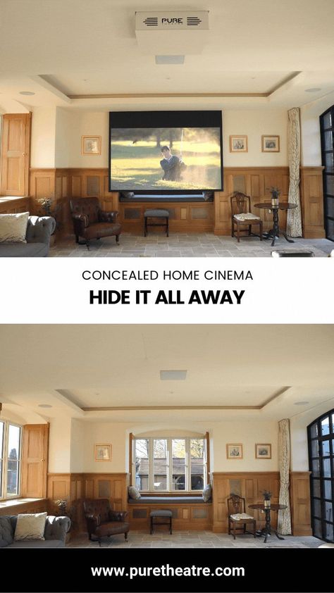 Ceiling Projector Screen, Hidden Projector Screen, Hide Your Tv, Tv Wall Decoration, Living Room Decor Tv, Projector Wall, Wall Speakers, Hidden Projector, Ceiling Projector