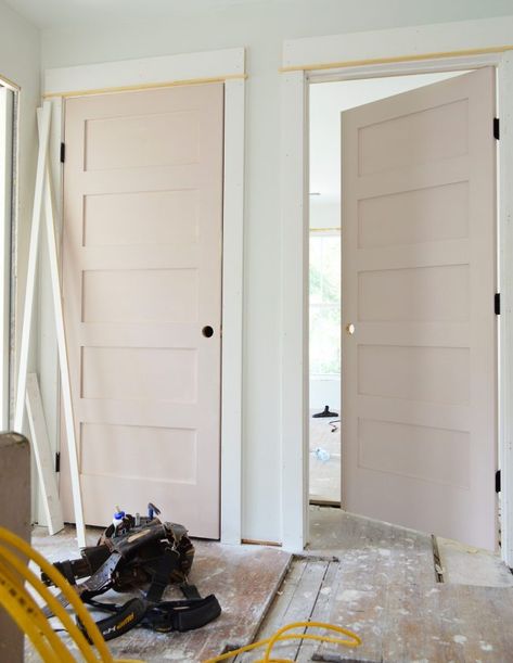 Pink Door Interior, Bathroom Vanity Next To Door, White Truffle Sherwin Williams Bedroom, Sw White Truffle, Sherwin Williams Gorgeous White, Pink Interior Door, Pink Doors Interior, Pink Trim Bedroom, Doeskin Sherwin Williams Paint