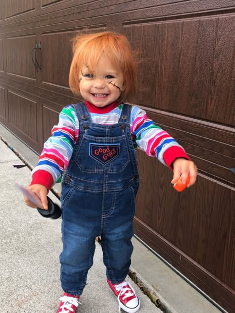 Chucky Halloween Costume Toddler, Baby Chucky Costume, Toddler Chucky Costume, Diy Chucky Costume, Chucky Costume For Kids, Chucky Outfit, Chucky Halloween Costume, Toddler Boy Halloween Costumes