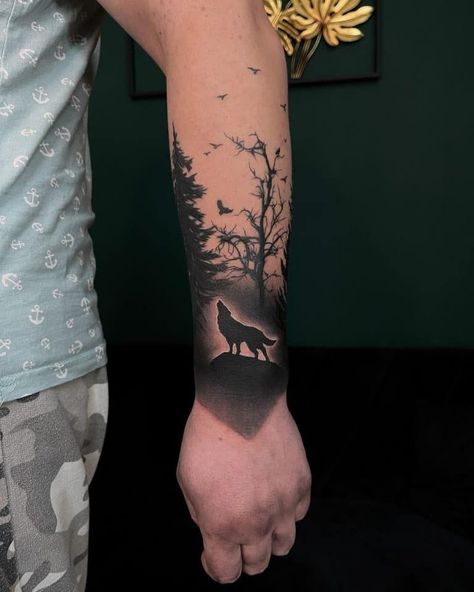 240+ Most Beautiful Forest Tattoos Designs (2023) Jungle Ink Inspiration - TattoosBoyGirl Wolf Theme Tattoo, Forest Cover Up Tattoo, Trees Arm Tattoo, Wolf In The Woods Tattoo, Forrest Arm Tattoo, Forest Hand Tattoo, Wolf And Tree Tattoo, Wolf In Forest Tattoo, Forest Tattoo Men