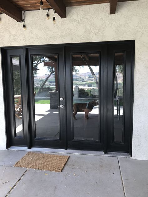 French Door With Sidelights, Black French Doors Exterior, Black French Doors Interior, French Doors With Sidelights, Outdoor French Doors, Black French Doors, Exterior Patio Doors, French Entry Doors, Patio Door Blinds