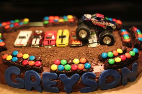 Monster Truck Cake | Keegie Cakes (Cakes I've Made) | Pinterest Monster Truck Dirt Cake, Truck Dirt Cake, Monster Truck Cakes, Monster Jam Birthday Party, Cake Transport, Monster Jam Birthday, Monster Jam Party, Monster Truck Cake, Truck Cake