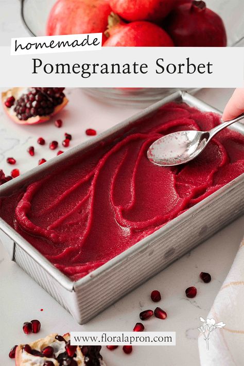 Pomegranate Sorbet - The Floral Apron Pomegranate Mollases Recipe, Desserts With Pomegranate, Savory Pomegranate Recipes, Chocolate Covered Pomegranate Seeds, What To Make With Pomegranate, Pomogranette Dessert, Pomegranate Arils Recipe, Recipes With Pomegranate Seeds, Pomegranate Sorbet Recipe