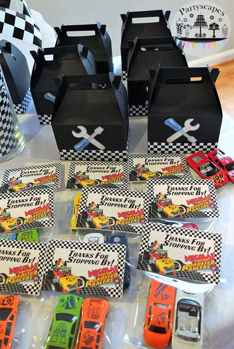 Car Racer Birthday Theme, Mickey Mouse Roadsters Birthday, Race Car Birthday Party Favor Ideas, Cars Birthday Favors, Mickey And Roadster Racers Party Ideas, Race Car Favors, Mickey Mouse Road Racers Birthday Party, Mickey Roadster Racers Birthday Ideas, Racer Party Ideas