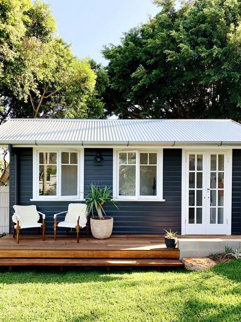 Sheds Turned Into Homes, Shed Homes Ideas, Exposed Rafters, Shed Home, Backyard Office, Backyard Sheds, Backyard Shed, Casa Container, Shed Homes