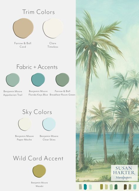 To help you design your home around our tropical Palm Beach Fresh mural wallpaper, we chose interior paint colors for trim, fabric & accents, sky & ceiling colors, and a wild card pop of color: Farrow & Ball Cord | Clare Timeless | Benjamin Moore Appalacian Trail | Benjamin Moore Florida Keys Blue | Farrow & Ball Breakfast Room Green | Benjamin Moore Paper Mache | Benjamin Moore Clear Skies | Benjamin Moore Wasabi Susan Harter, Beach Paint Colors, Paint A Mural, Beach Color Palettes, Coastal Paint Colors, Beach House Colors, Beach Mural, Favorite Paint Colors, Coastal Colors