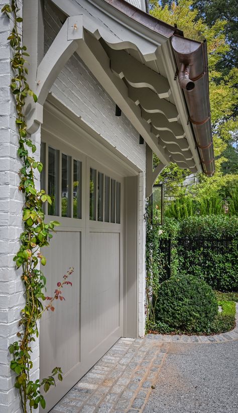 Cottage Style Garage Doors, Portico Over Garage Doors, 2 Car Garage Door Ideas, Cotswold Front Door, Garage Door Inspiration, White House White Garage Door, Double Garage Door Ideas, Arched Garage Doors, Aluminum Garage Doors