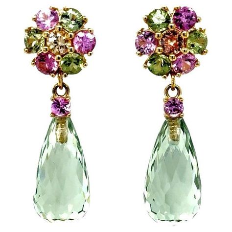 Check out this item from 1stdibs! 21.29 Carat Multi-Color Sapphire Prasiolite Yellow Gold Drop Earrings: https://www.1stdibs.com/id-j_20553232 Purple Gemstone Jewelry, Yellow Gold Drop Earrings, Red Sapphire, White Gold Earrings, Green Amethyst, Diamond Drop Earrings, Gold Earrings Dangle, Modern Earrings, Gorgeous Jewelry