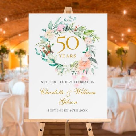 $44.20 | Floral Garland 50th Anniversary Welcome Sign #anniversary party, welcome sign, flower garland botanical, golden wedding anniversary celebration, 50th wedding anniversary, elegant floral watercolour greenery, vow renewal, 50 years renew vows, gold script, 50th anniversary welcome sign 50th Anniversary Welcome Sign, Enchanted Wedding Decor, Anniversary Welcome Sign, 50th Wedding Anniversary Invitations, Wedding Anniversary Celebration, Anniversary Sign, Floral Greenery, Delicate Watercolor, Golden Wedding Anniversary