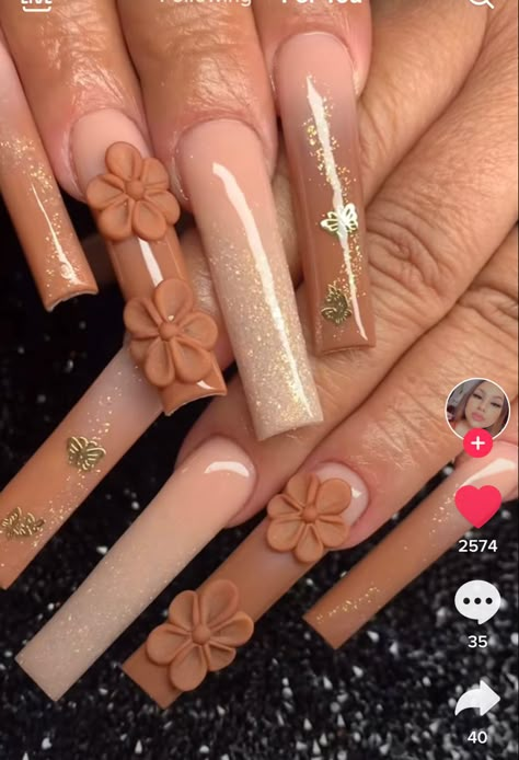 Brown 3d Flower Nails, Brown Acrylic Nails, Brown Acrylic, Long Acrylic Nail Designs, Ombre Acrylic Nails, Nails Design With Rhinestones, Baddie Nails, Short Square Acrylic Nails, Dope Nail Designs