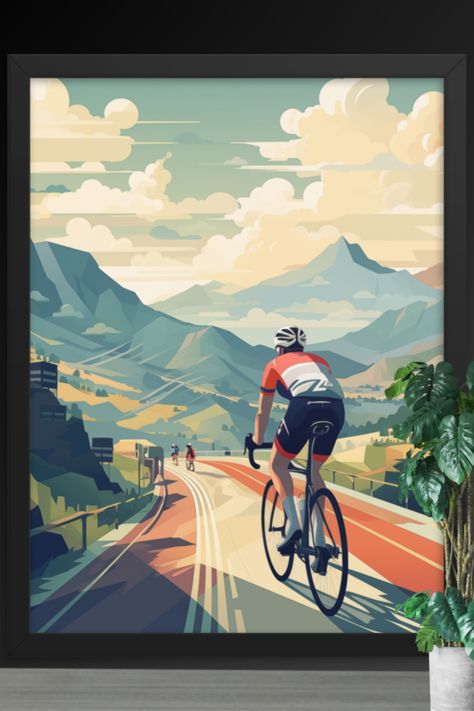 A framed cycling poster of a colourful vintage poster, perfect for any cycling enthusiast. Cycling Party Theme, Cycling Branding, Cycling Room, Cycling Illustration, Cycling Posters Graphic Design, Cycling Prints, Bicycle Poster Design, Vintage Cycling Posters, Cycling Artwork