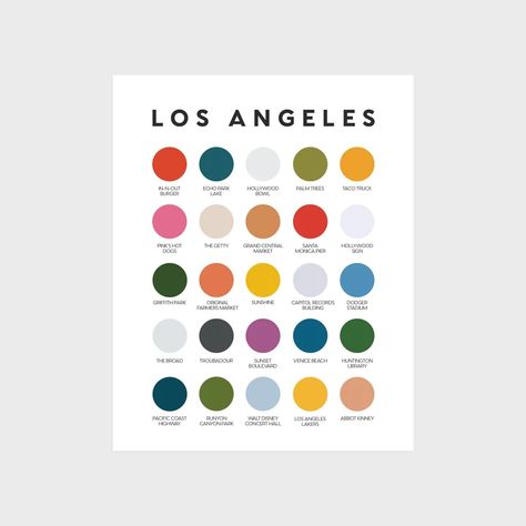 A color palette of your Los Angeles, California favorites: In-N-Out Burger, Echo Park Lake, Hollywood Bowl, palm trees, taco truck, Pink’s Hot Dogs, The Getty, Grand Central Market, Santa Monica Pier, Hollywood Sign, Griffith Park, Original Farmers Market, sunshine, Capitol Records Building, Dodget Stadium, The Board, Troubadour, Sunset Boulevard, Venice Beach, Huntington Library, Pacific Coast Highway, Runyon Canyon Park, Walt Disney Concert Hall, Los Angeles Lakes, and Abbot Kinney. Citgo Sign, Jfk Library, Swan Boats, Creme Pie, Uss Constitution, Nantucket Red, Newbury Street, Duck Boat, Freedom Trail